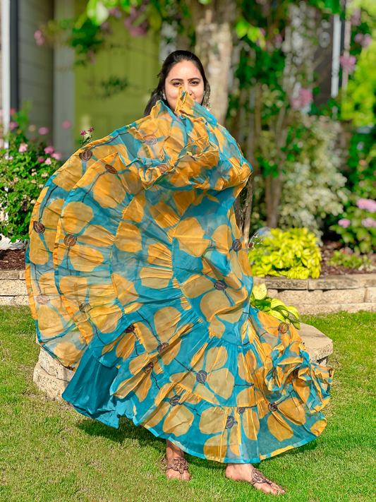 Elegant Floor-Length Heavy Flair Partywear floral Organza Gown in Teal Blue and Yellow Flowy gown