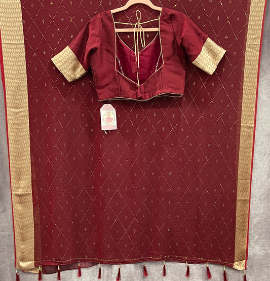 On Sale Soft Georgette Saree with Stitched Blouse and Gold Border adorned with Swarovski Work (Size 38/40) - Fall and Pico Done