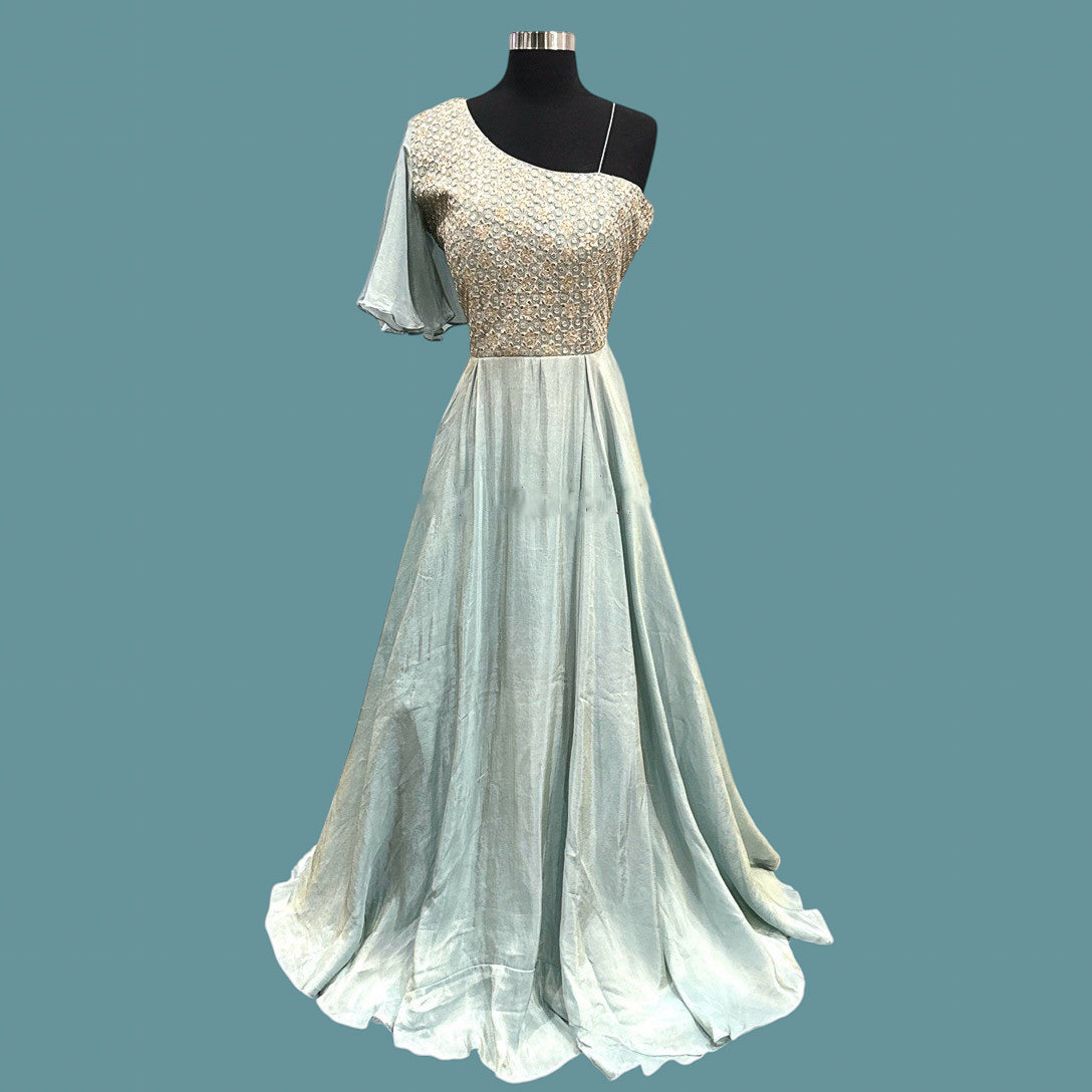 Ice Blue One-Shoulder Evening Gown | Embellished Party Dress | Wedding Guest Outfit | Reception Gown | Formal Occasion Wear | Size 40