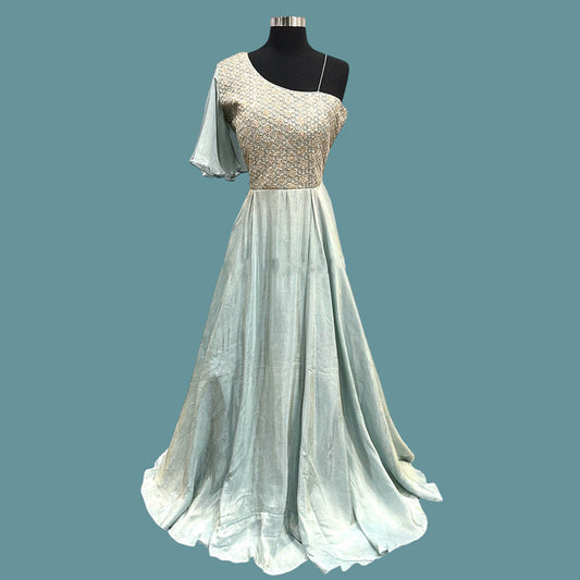 Ice Blue One-Shoulder Evening Gown | Embellished Party Dress | Wedding Guest Outfit | Reception Gown | Formal Occasion Wear | Size 40