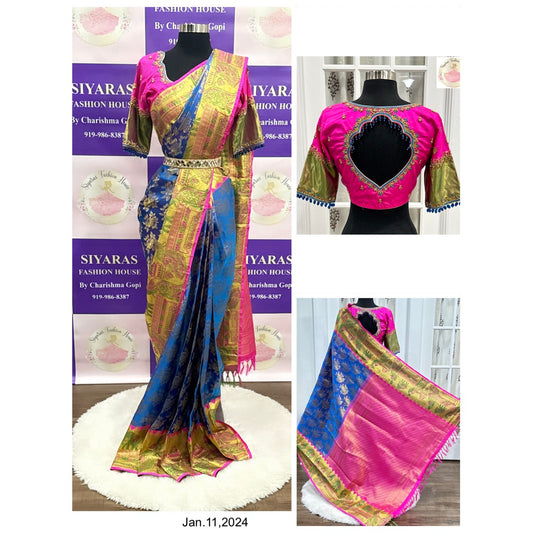 Traditional Kanchi Pattu Saree with Rich Pallu and Heavy Maggam Work Designer Blouse in Blue and Pink combo Wedding Partywear saree