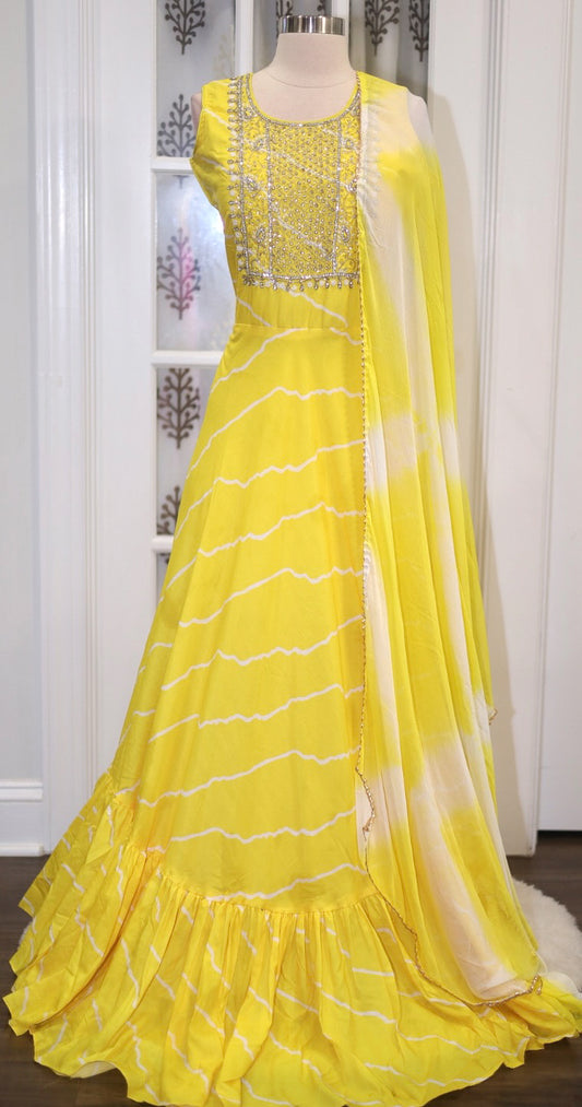 Exquisite Yellow Georgette Floor-Length Long Gown with Dupatta - Lightweight  Stylish size 40/42