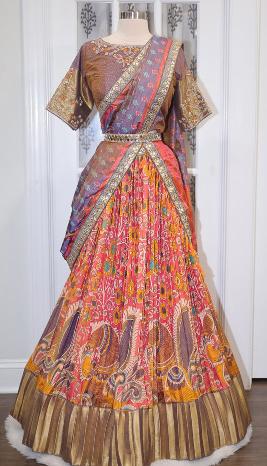 Exquisite Pure Silk Kalamkari Digital Print Pattu Half Saree/Langa Voni with Maggam Work Blouse and Matching Silk Dupatta - Fits up to 42 (Plus Margin)