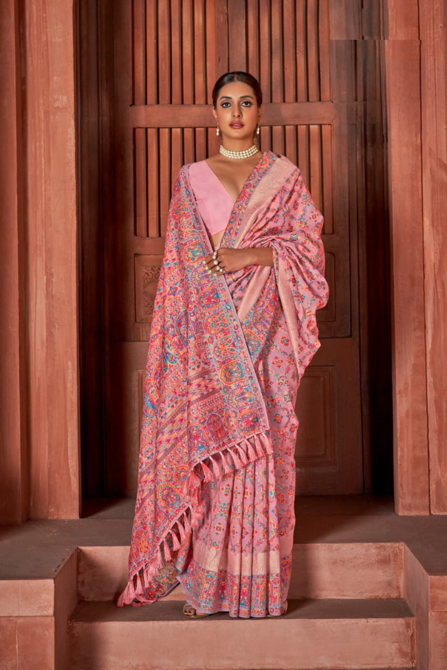 Pashmina Traditional Saree in Pink and Majenta with Weaving work and comes with stitched blouse