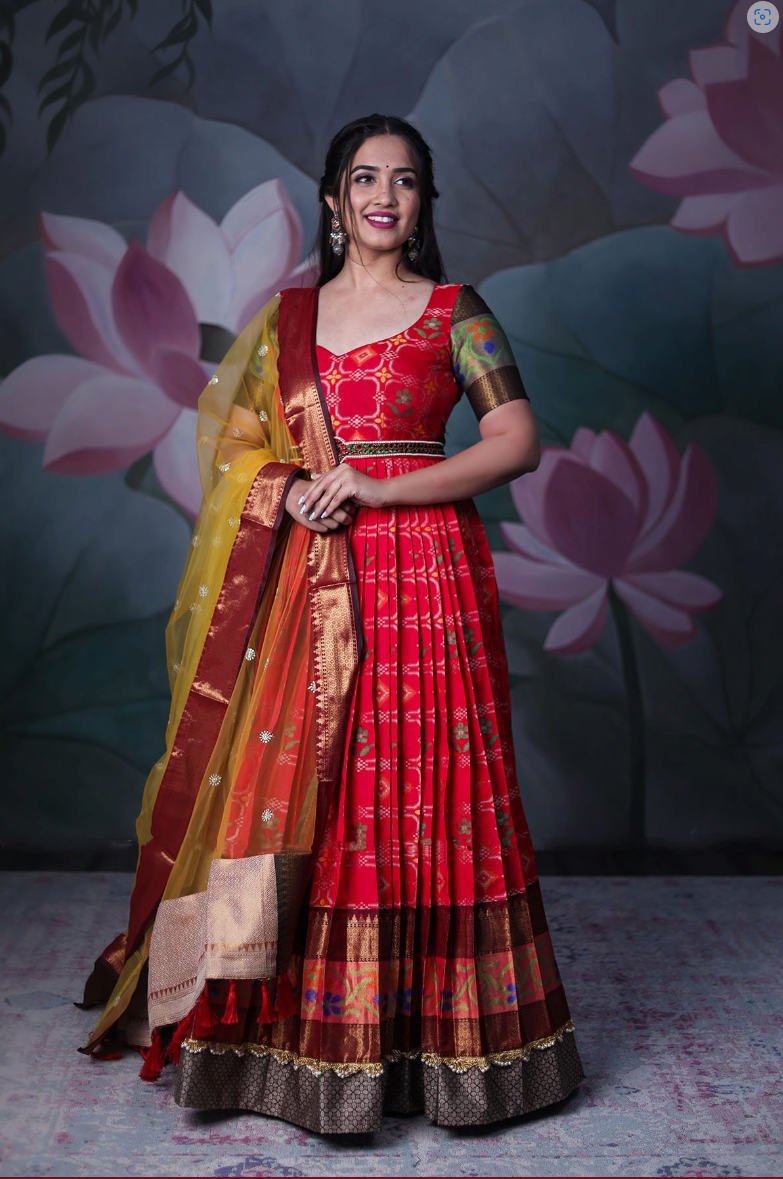 Red Handloom Banarasi  Long Gown/Pattu Dress with Embroidered Yellow Net Dupatta and Maggam Worked Waist Belt Partywear dress Free Ship USA