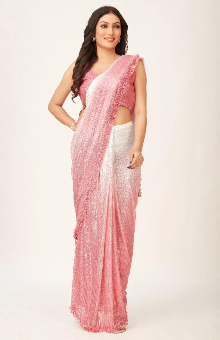 Pink Sequin Ready-to-Wear Saree with Stitched Blouse - Partywear Saree