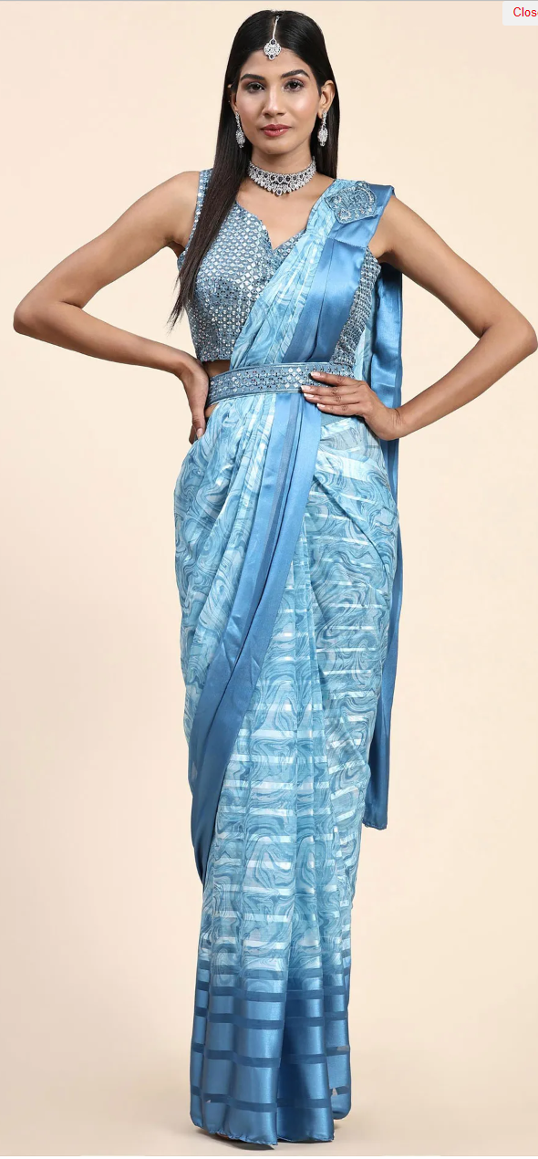 Blue Color Ready to wear Saree in Satin Silk with Printed Sequence Ready Blouse Easy to wear prepleated saree for Party/Wedding/Special occasions