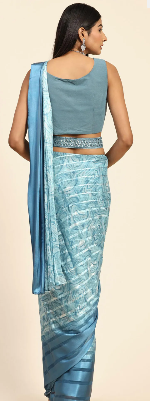 Blue Color Ready to wear Saree in Satin Silk with Printed Sequence Ready Blouse Easy to wear prepleated saree for Party/Wedding/Special occasions