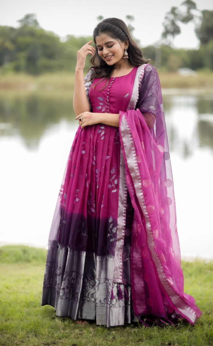 Beautiful organza Long gown with Dupatta in tie and dye and sequence fabric Partywear Dress