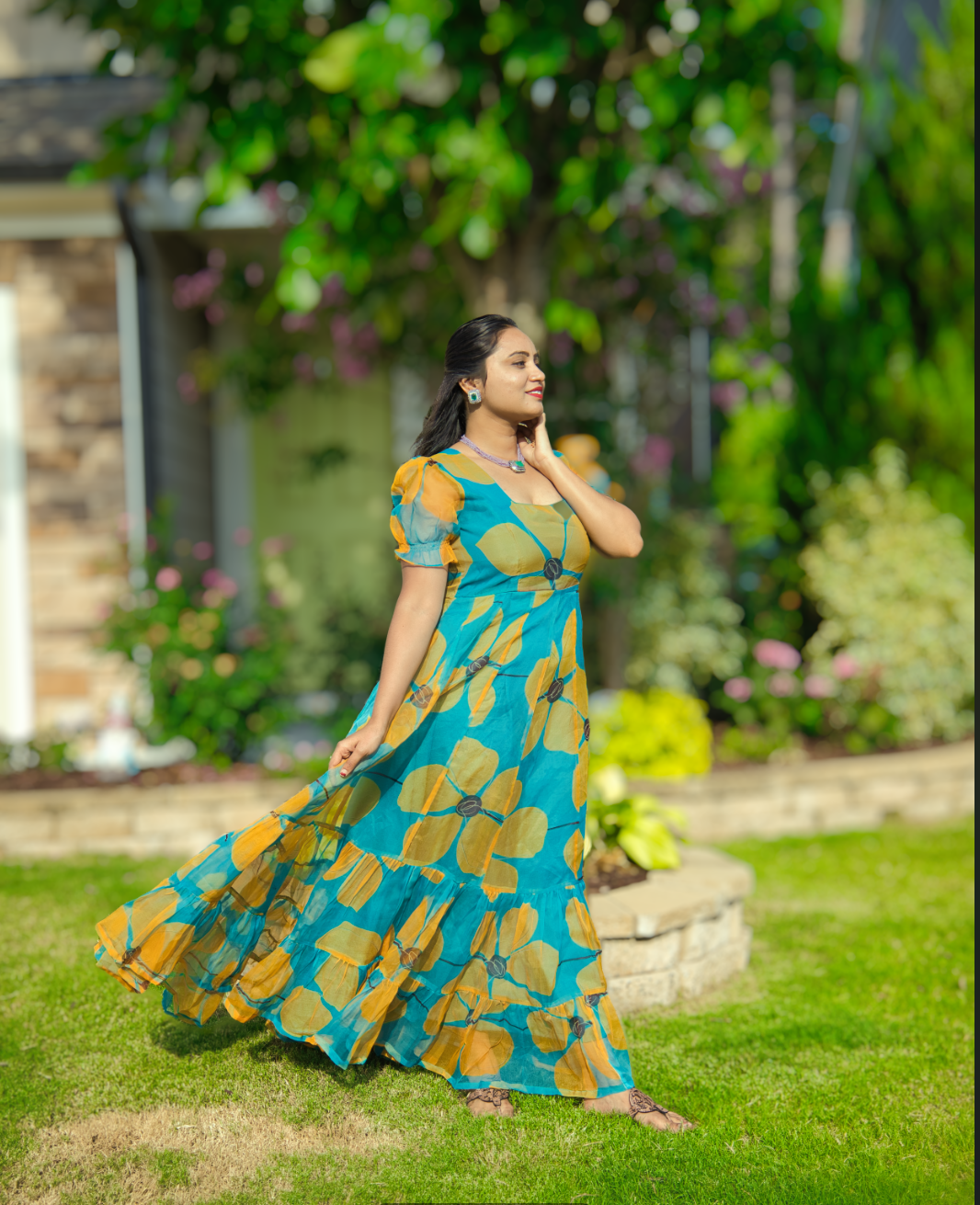 Elegant Floor-Length Heavy Flair Partywear floral Organza Gown in Teal Blue and Yellow Flowy gown