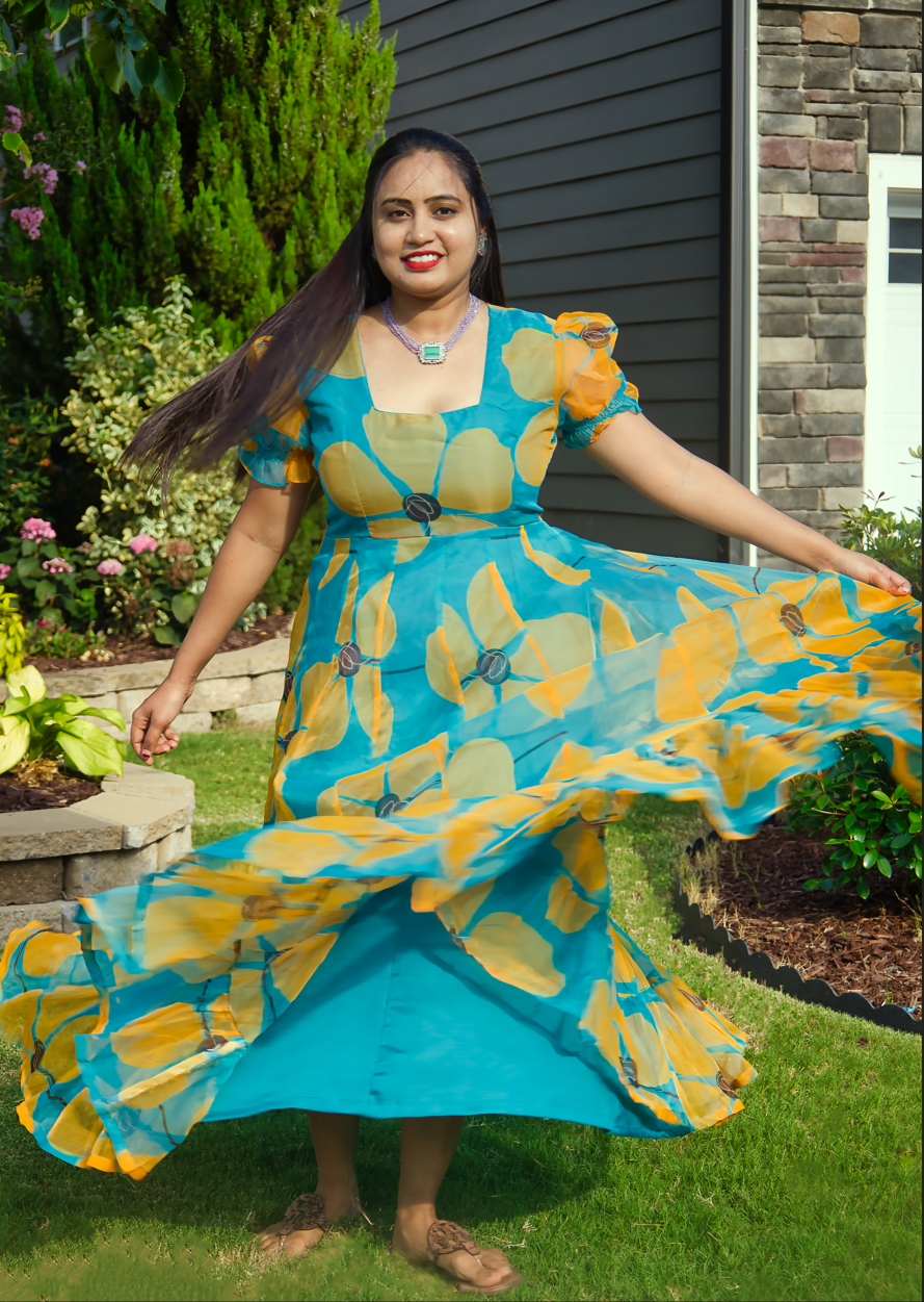Elegant Floor-Length Heavy Flair Partywear floral Organza Gown in Teal Blue and Yellow Flowy gown