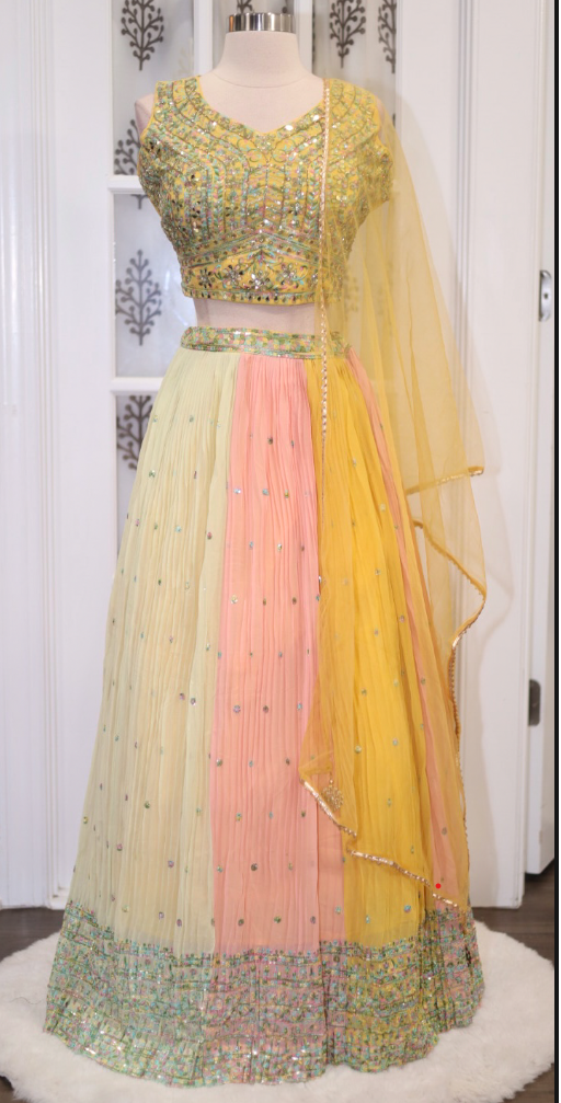 Beautiful Haldi outfit or partywear Light weight crushed georgette lehanga with work top and net dupatta size 40