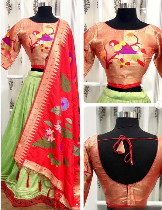 Exquisite Parrot Green Paithani Silk Lehenga Choli Set /Chaniya choli with Intricate Weaving - Custom Stitched, Size 38-42