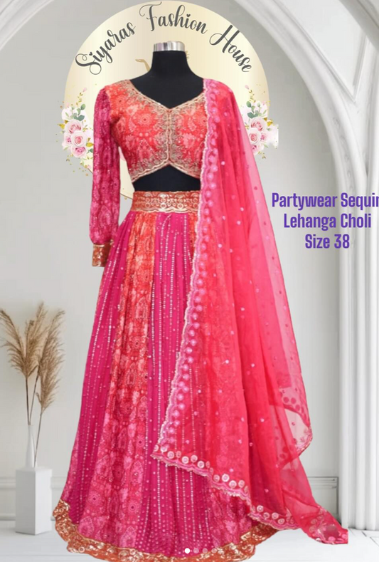 Elegant Georgette Sequin Lehenga Choli crafted in stunning red and pink hues kali design with work blouse organza dupatta wedding parytywear