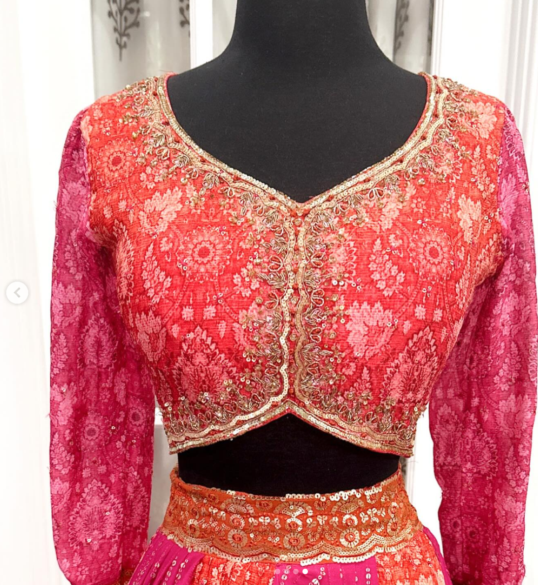 Elegant Georgette Sequin Lehenga Choli crafted in stunning red and pink hues kali design with work blouse organza dupatta wedding parytywear