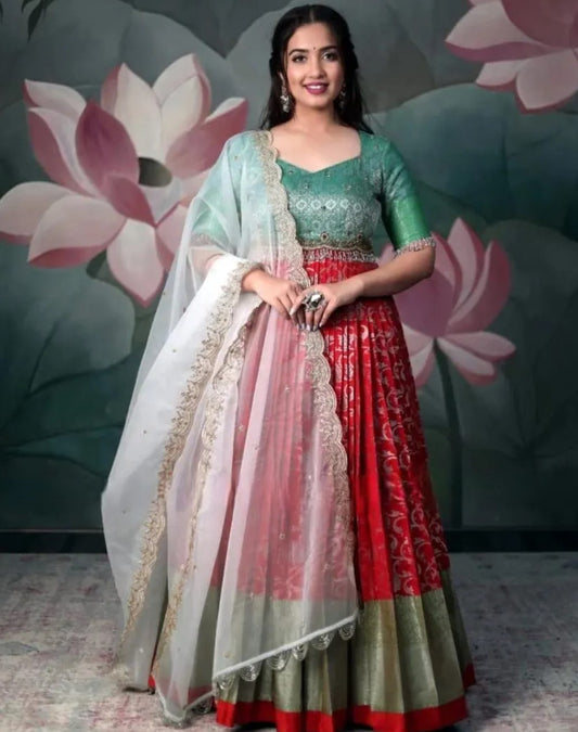 Red and Green Banarasi Anarkali dress with handwork on yoke and organza embroidered dupatta Med 38