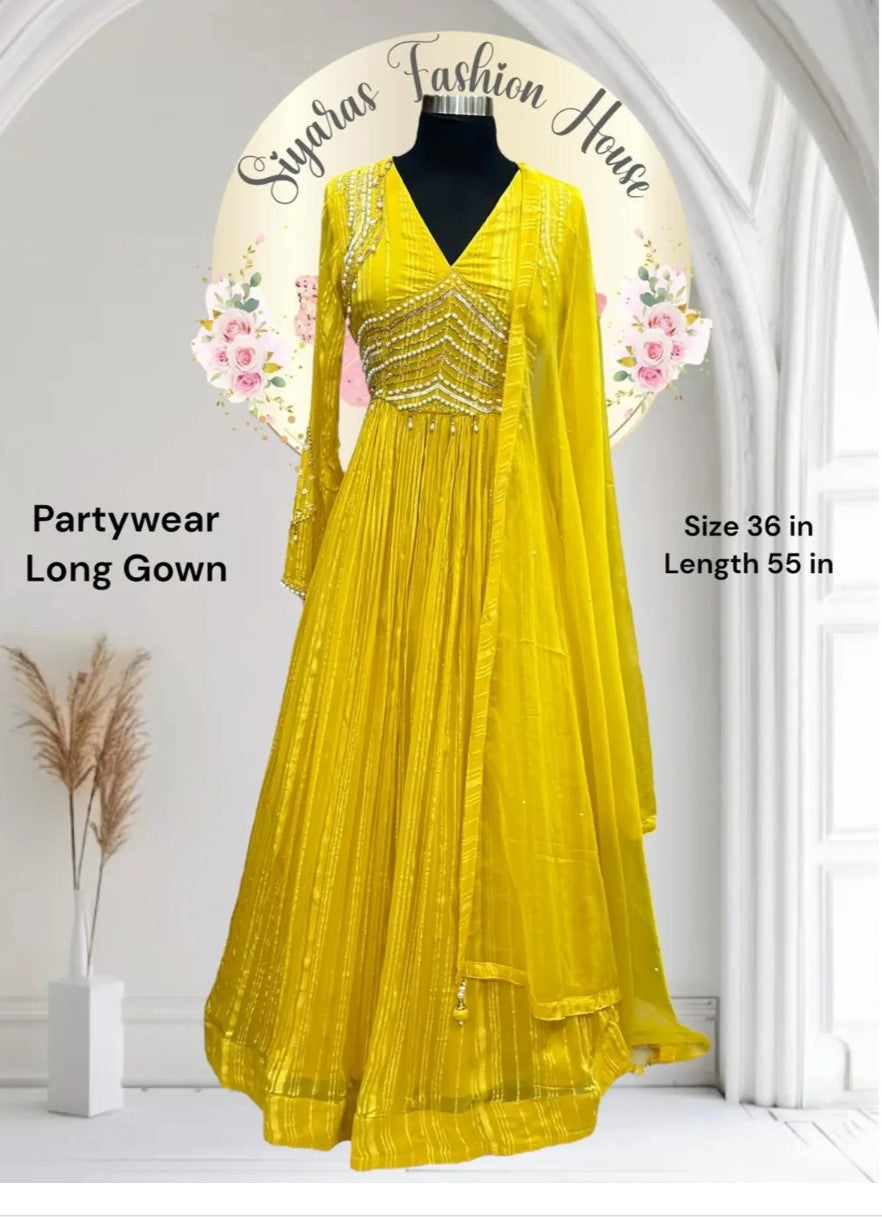 Gorgeous Yellow Anarkali Long gown with long sleeves and elegant hand work on yoke and hands| size 36 length 55 in| Ready to ship