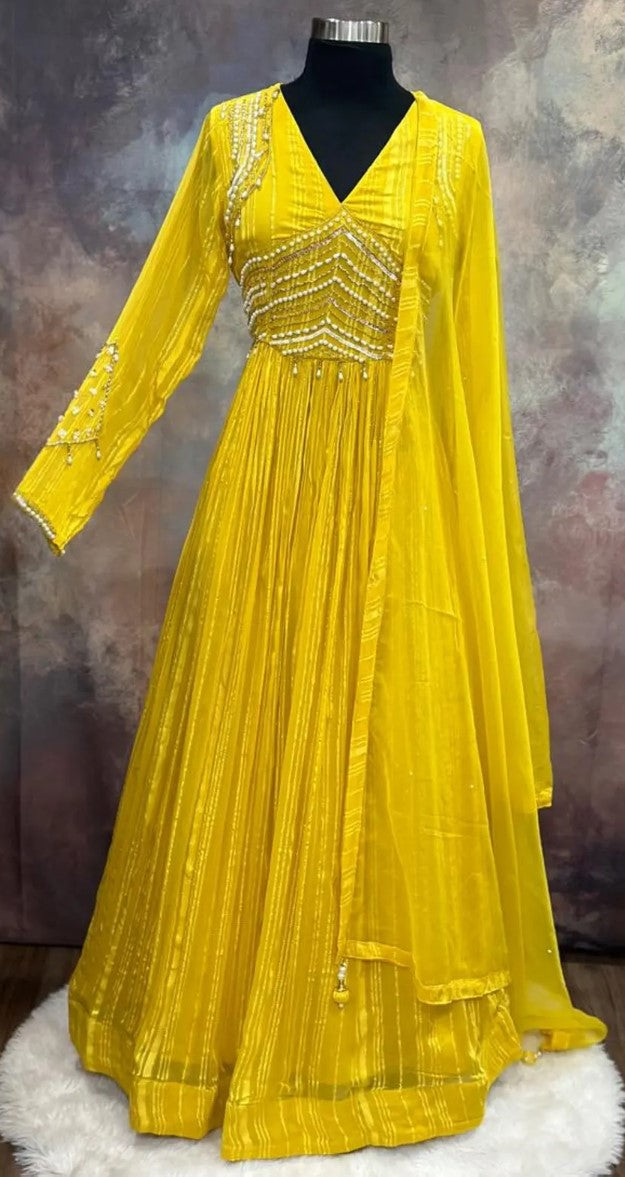 Gorgeous Yellow Anarkali Long gown with long sleeves and elegant hand work on yoke and hands| size 36 length 55 in| Ready to ship