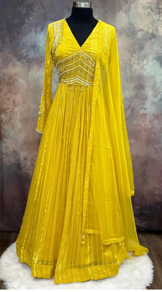 Gorgeous Yellow Anarkali Long gown with long sleeves and elegant hand work on yoke and hands| size 36 length 55 in| Ready to ship