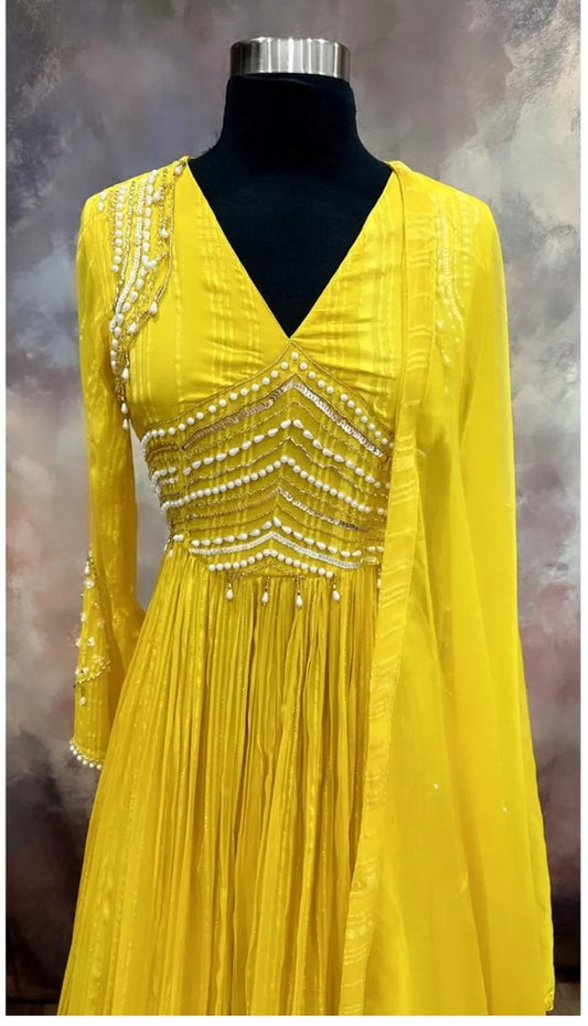 Gorgeous Yellow Anarkali Long gown with long sleeves and elegant hand work on yoke and hands| size 36 length 55 in| Ready to ship