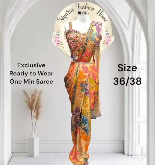 Trendy Partywear Ready to Wear Saree, One min Saree, digital print, exclusive handwork work blouse size 36/38 fully stitched cocktail dress