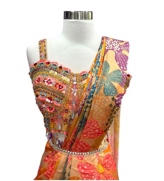 Trendy Partywear Ready to Wear Saree, One min Saree, digital print, exclusive handwork work blouse size 36/38 fully stitched cocktail dress