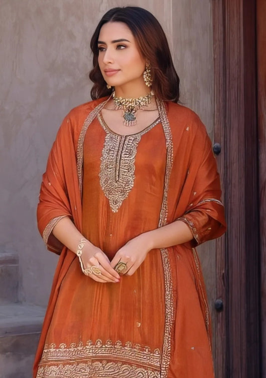 Gorgeous Vibrant Orange Silk Palazzo Set | XL 42 | Embroidered Kurta & Brocade Palazzo with Dupatta | Festive Wedding outfit ready to ship