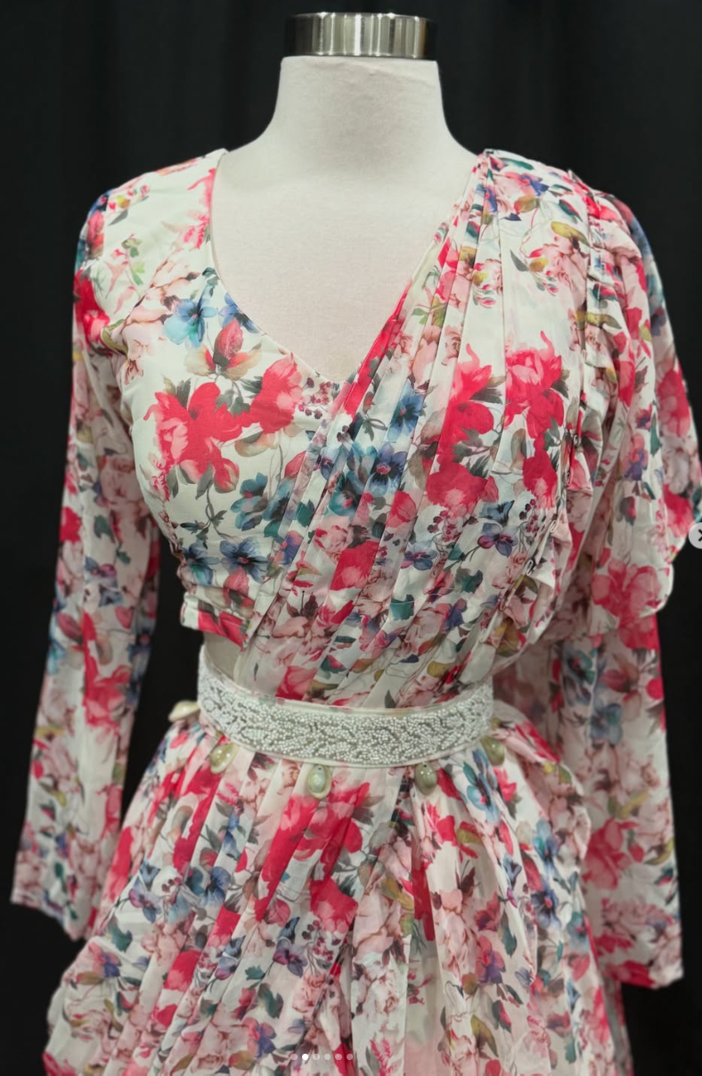 Tiered floral Georgette drape style Lehanga with dreamy ruffles and elegant long sleeves and belt Size 38