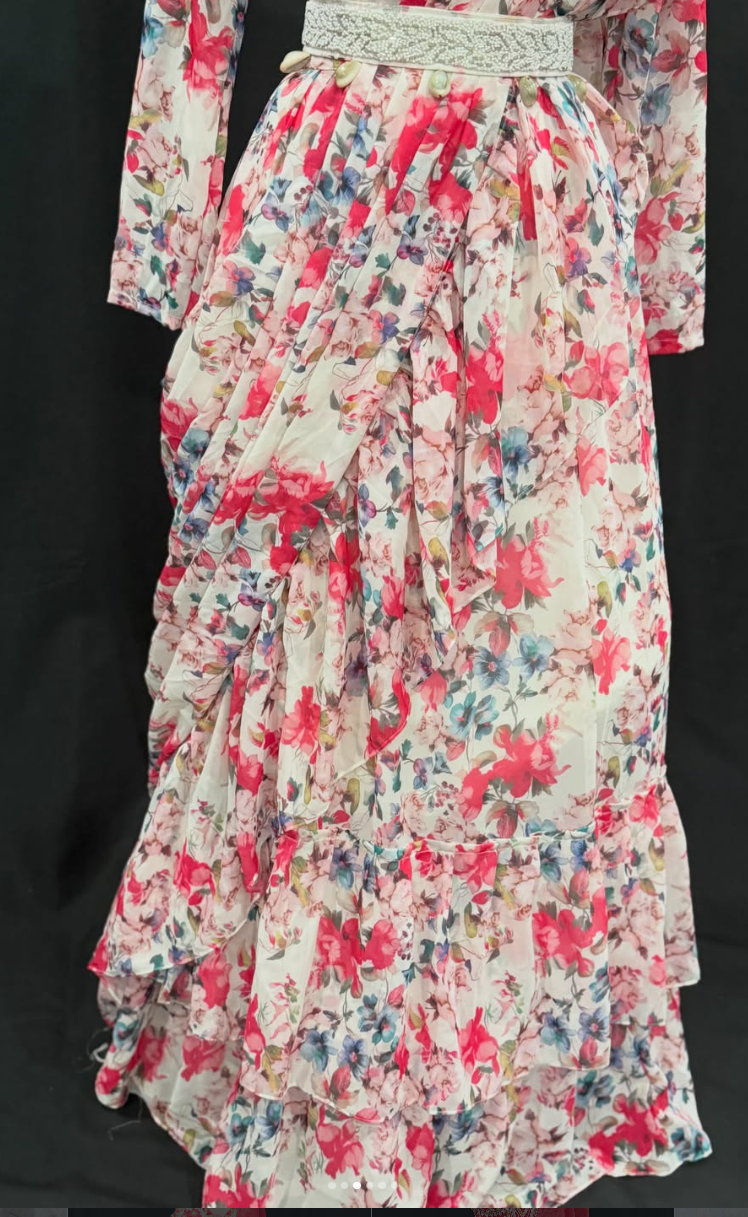 Tiered floral Georgette drape style Lehanga with dreamy ruffles and elegant long sleeves and belt Size 38