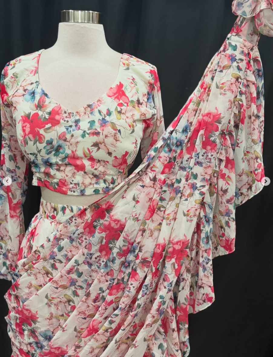 Tiered floral Georgette drape style Lehanga with dreamy ruffles and elegant long sleeves and belt Size 38