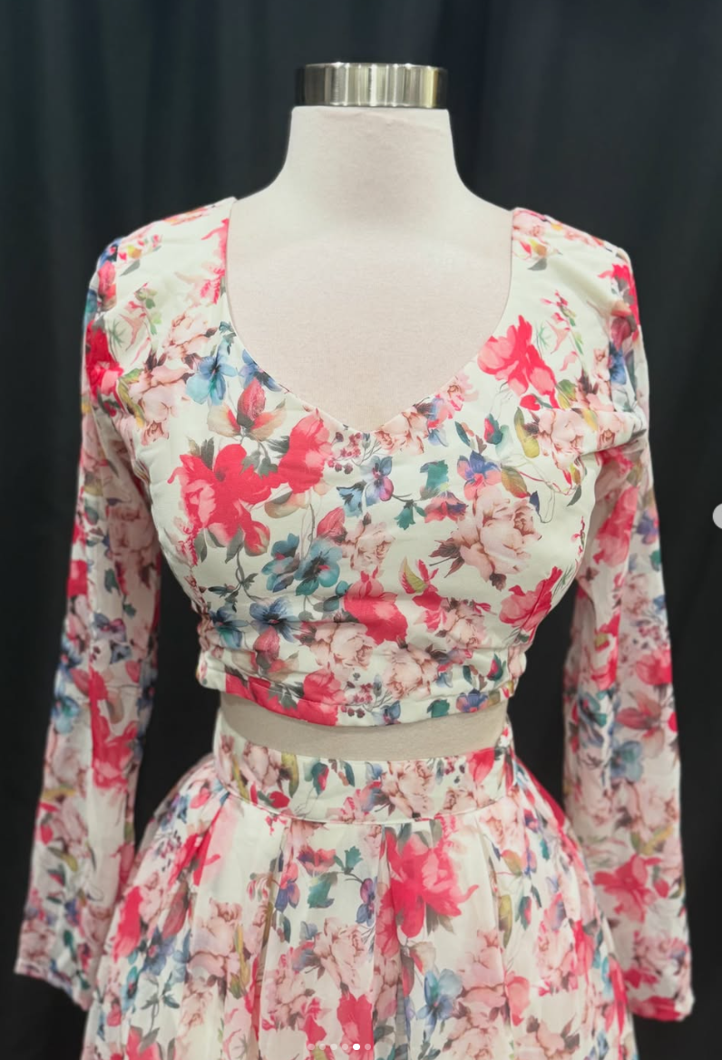 Tiered floral Georgette drape style Lehanga with dreamy ruffles and elegant long sleeves and belt Size 38