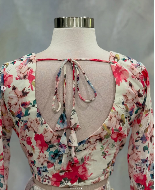 Tiered floral Georgette drape style Lehanga with dreamy ruffles and elegant long sleeves and belt Size 38