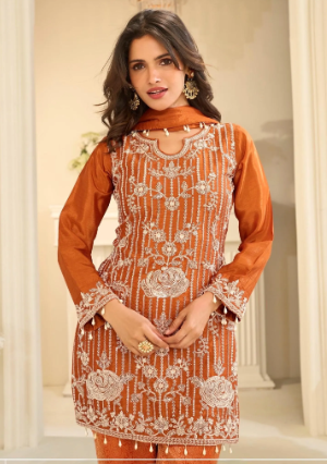 Beautiful viscose Jaquard Silk rust orange color Sharara size large 40 beads hand work Top wedding Partywear outfit