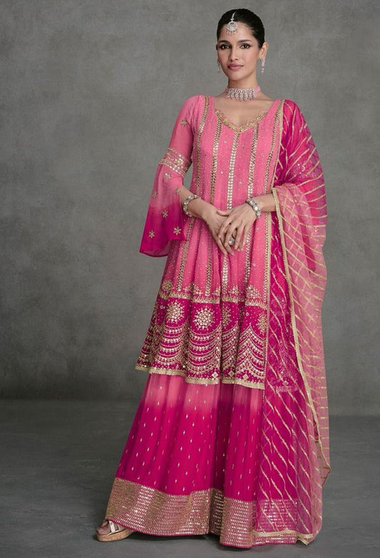 Dual Shade Pink and Fuschia Georgette Sharara Set with Embroidered Net Dupatta - XL Size Ready to ship USA