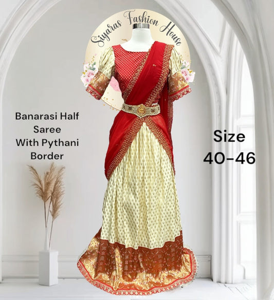 Elegant customized Banarasi half saree in cream and red combo with stitched Puff hand blouse Size 40-44 plus  margin Ready to ship free USA