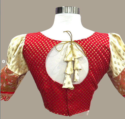 Elegant customized Banarasi half saree in cream and red combo with stitched Puff hand blouse Size 40-44 plus  margin Ready to ship free USA