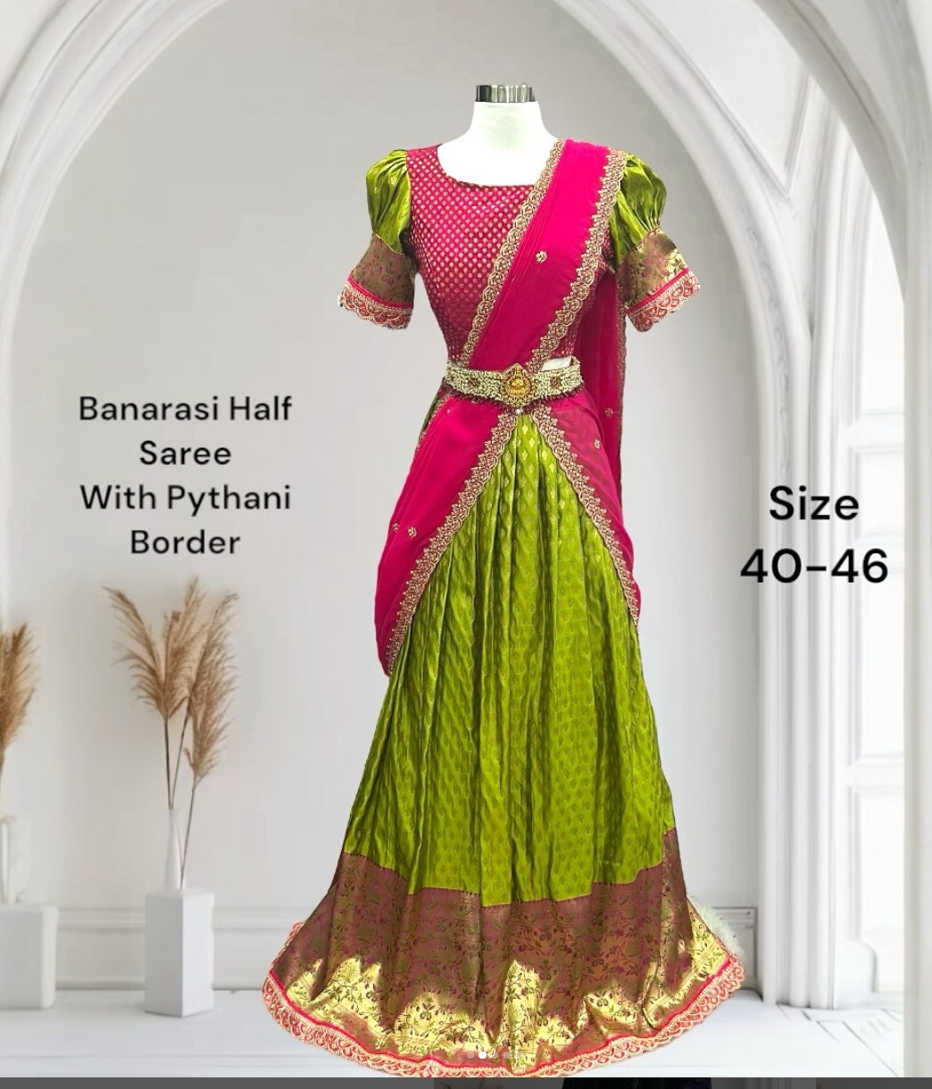 Elegant customized Banarasi half saree in Pink and Parrot green combo with stitched Puff hand blouse Size 40-44 plus  margin Ready to ship free USA (Copy)