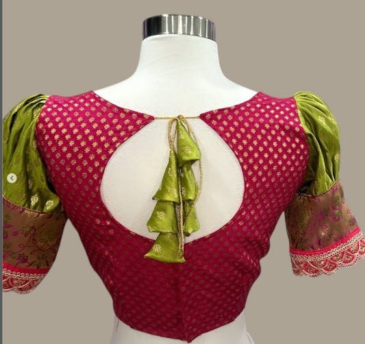 Elegant customized Banarasi half saree in Pink and Parrot green combo with stitched Puff hand blouse Size 40-44 plus  margin Ready to ship free USA (Copy)