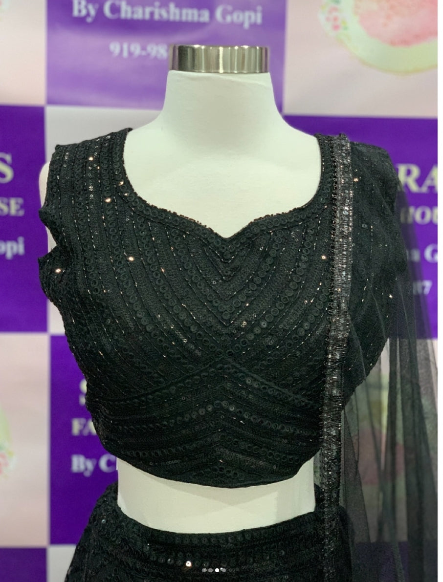 Beautiful Black Partywear Sequin Lehanga in Georgette fabric with net dupatta. Budget friendly price size 42 44 Ready to wear free ship USA