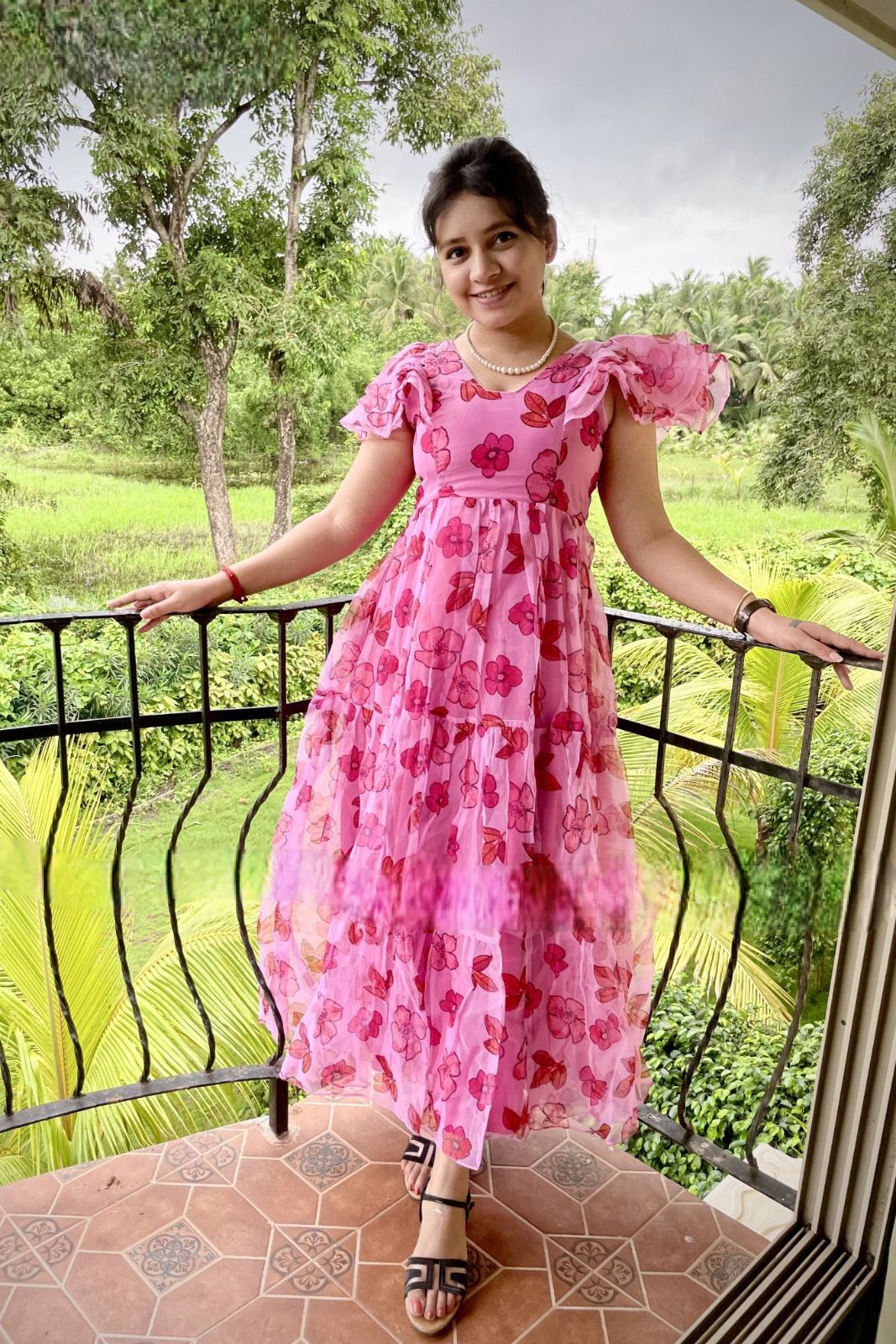 Beautiful Pink Partywear Organza Long gown floral print length 54 in Long Maxi gown for the flowy look ready to ship