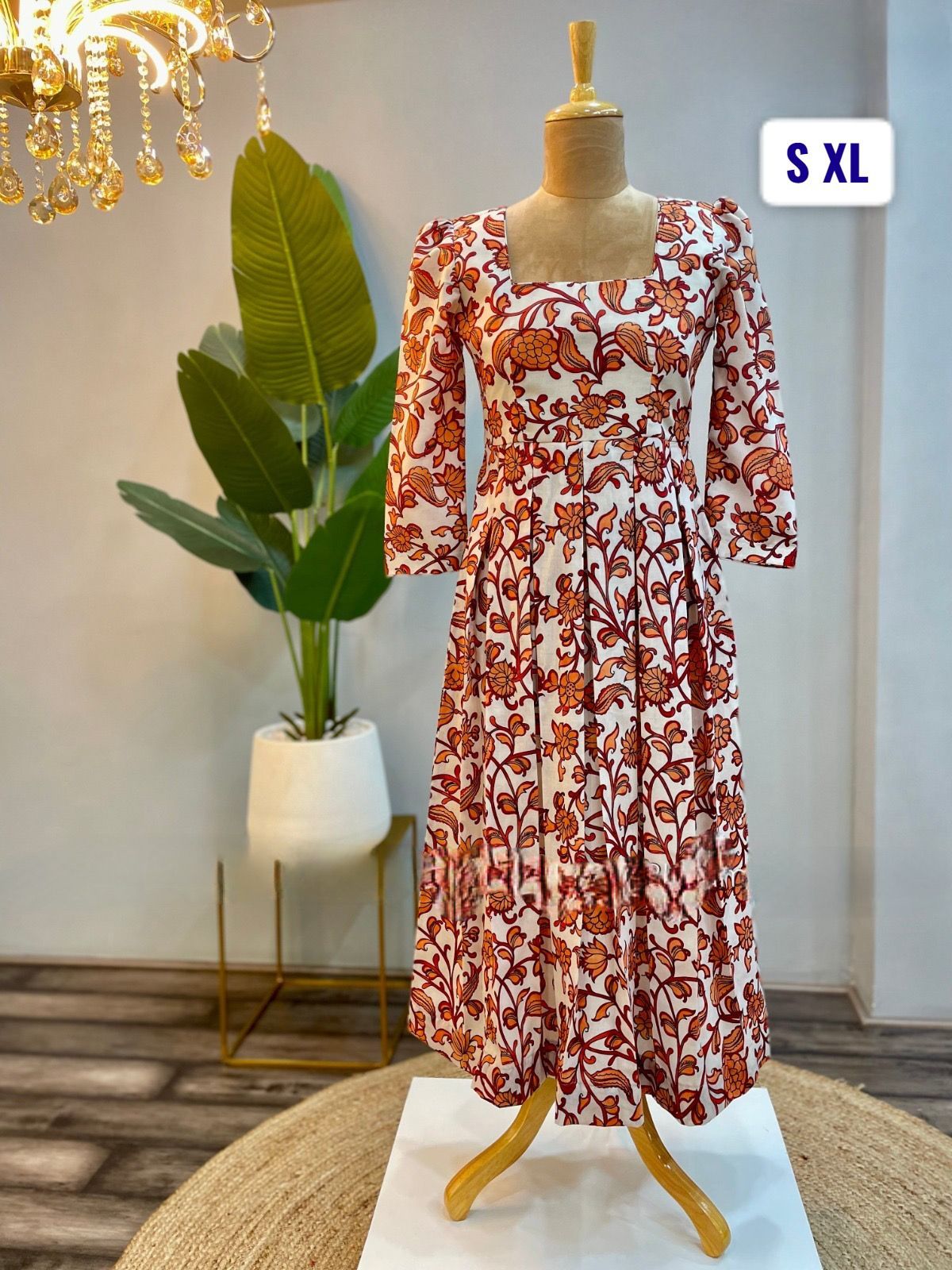Elegant Playful Kalamkari A-Line Dress square neck and box pleats in front and back with puff 3/4 sleeves Partywear dress