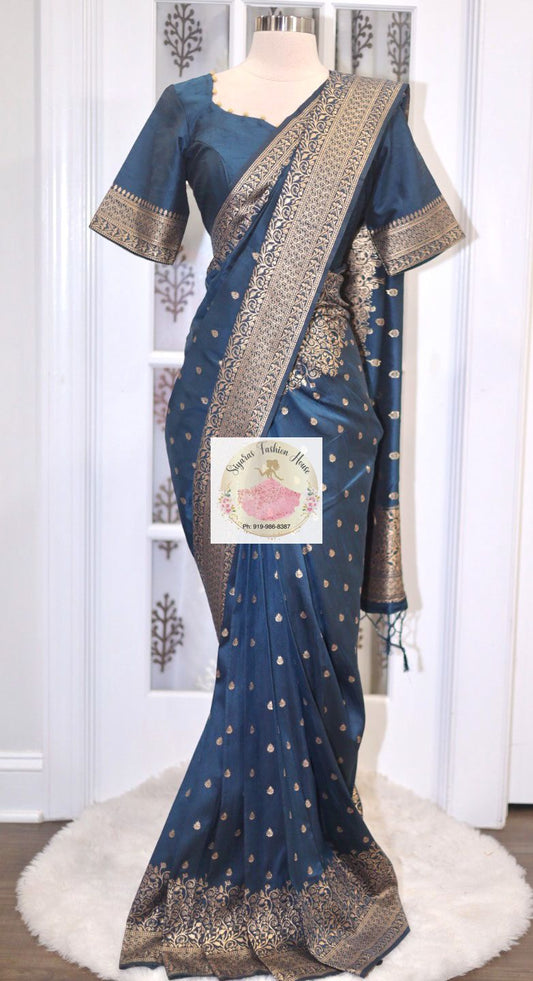 Elegant Banarasi Silk Saree with Self-Weave design Border and Buttis comes with Stitched Blouse