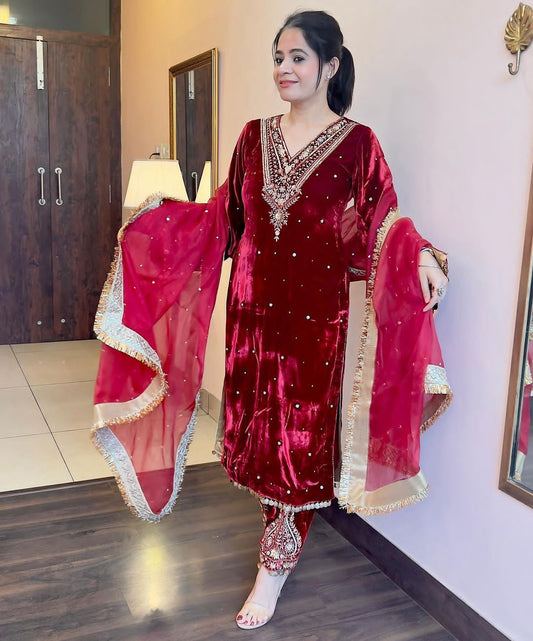 Gorgeous Partywear Red Velvet Suit for Women size XL Punjabi Wedding Suit set /Pakistani suit set ready to ship XL size can extend upto 44