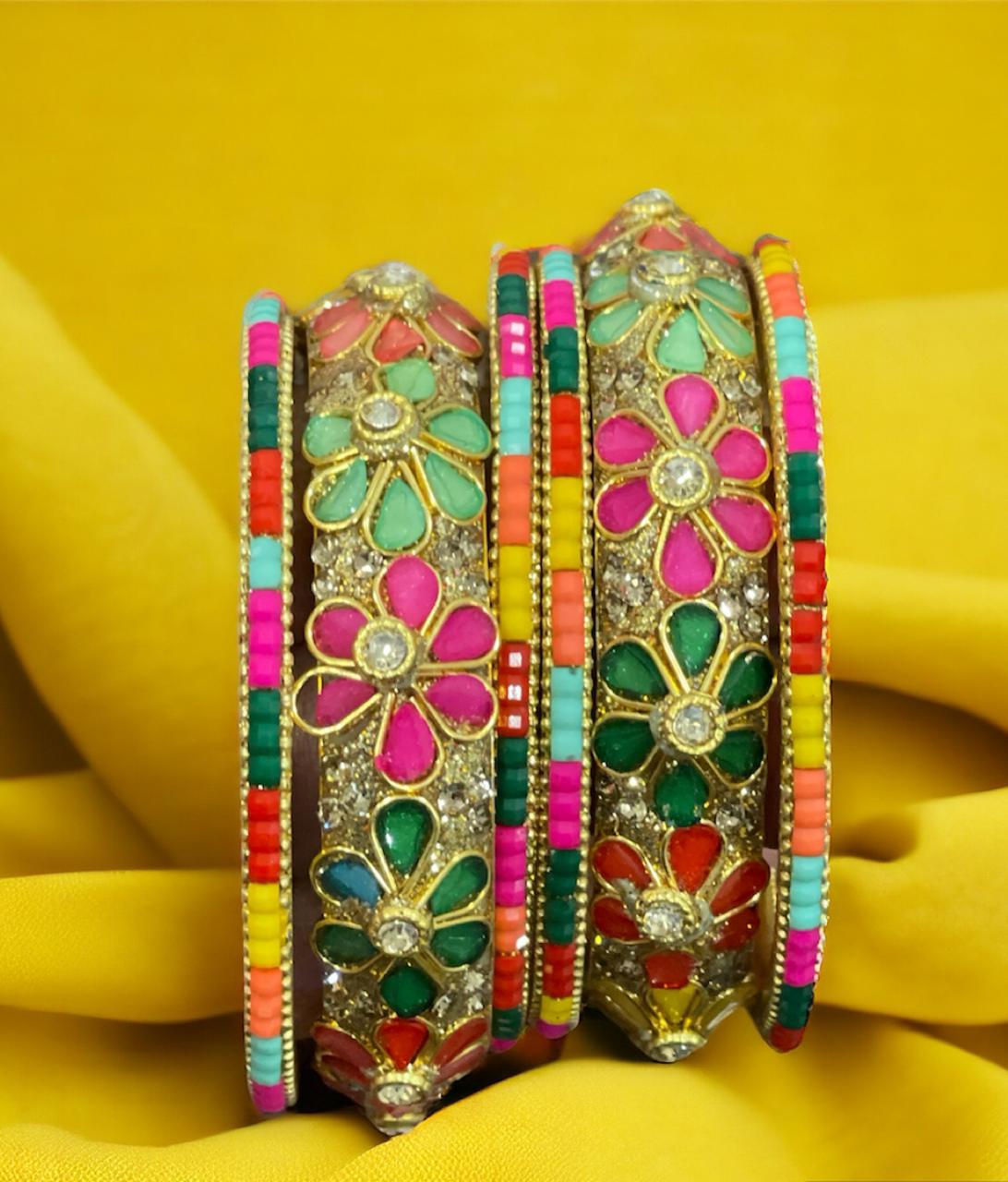 Beautiful Multicolor kundan bangles 2 sets (6 pcs total) size 2.4 suitable for Partywear Lehanga/Wedding Reception wear