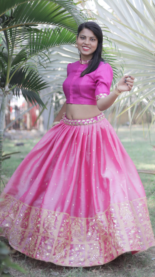 Elegant Pink Soft Burberry Silk Lehenga Choli with Sequin Embroidery - Sizes 8 Years and 15 Years