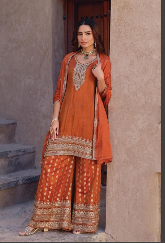 Gorgeous Vibrant Orange Silk Palazzo Set | XL 42 | Embroidered Kurta & Brocade Palazzo with Dupatta | Festive Wedding outfit ready to ship