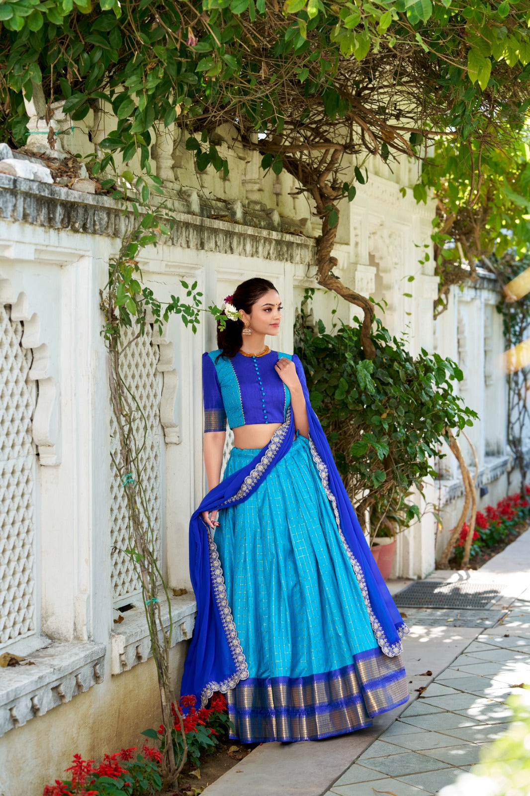 Traditional Handloom Half Saree  Pastel colors Chex Design | Zari Weaving | Stitched Set | size 38 plus margin upto 42 ready to ship