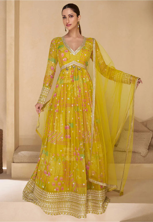 Gorgeous Partywear Anarkali Long Sequence Gown Georgette Yellow in  Digital Print, Resham, Sequins and Zari work Size Med 38 and XXL 44