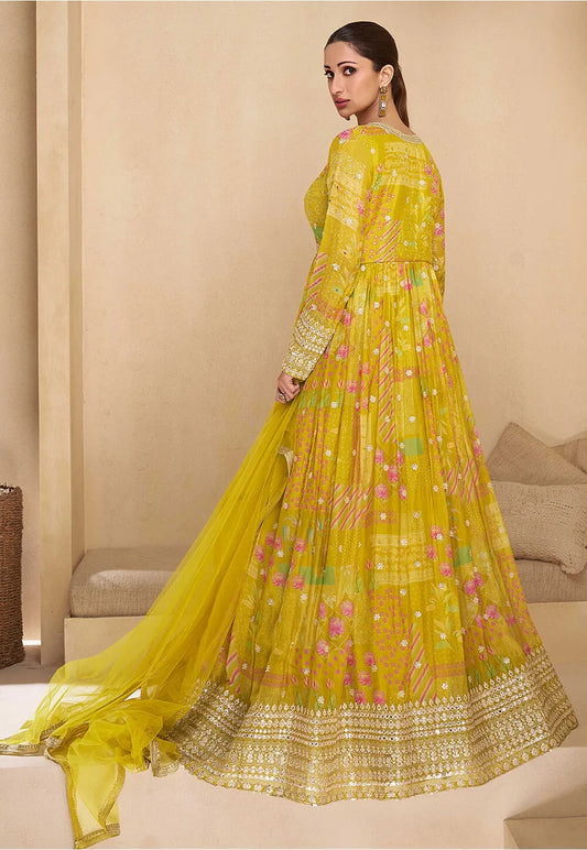 Gorgeous Partywear Anarkali Long Sequence Gown Georgette Yellow in  Digital Print, Resham, Sequins and Zari work Size Med 38 and XXL 44