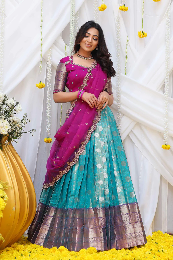 Gorgeous Teens Magenta Pink and Turquoise Half saree in Banarasi silk fabric elegant maggam work blouse Partywear wedding dress Freeship USA